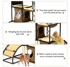 BORUIMA 실내 고양이용 고양이 집 고양이 침대 큐브, 엿보기 구멍, 긁는 기둥 및 매달린 장난감(대형 표범)과 결합된 타워 하우스