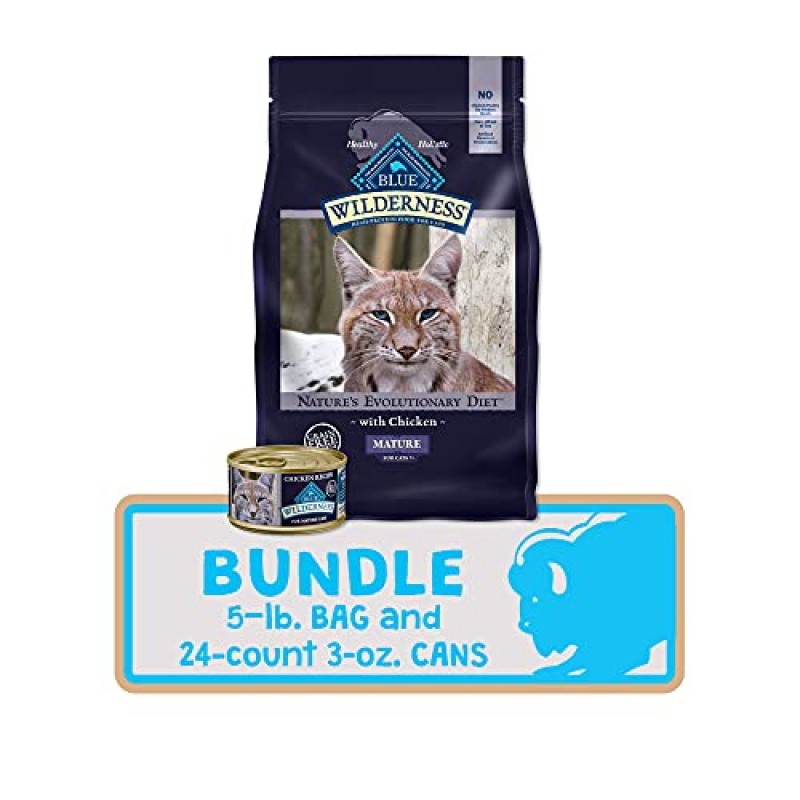 Blue Buffalo Wilderness 고단백질 천연 성숙 곡물 없음 고양이 사료 번들, 건식 고양이 사료 및 습식 고양이 사료, 닭고기(5파운드 건조 식품 + 3온스 캔 24ct)