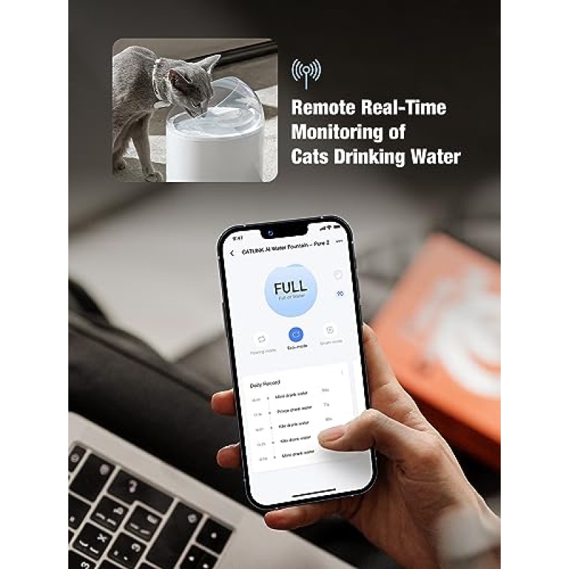무선 펌프가 장착된 CATLINK 고양이 분수, 91.71oz/2.6L, 초저소음, 한외여과, 상태 모니터링, 고양이 내부용, 앱 제어, 자동 애완동물 식수대, CATLINK Pure 2