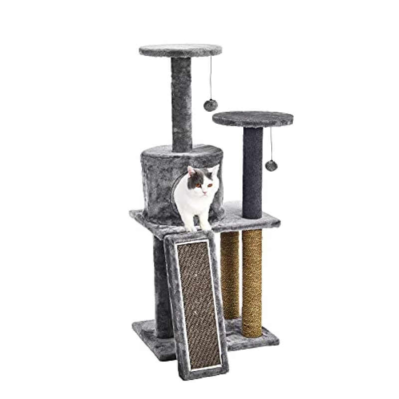 고양이 장난감 및 스크래쳐가 통합된 고양이 공예 플러시 고양이 콘도 듀플렉스, 회색, 대형(53