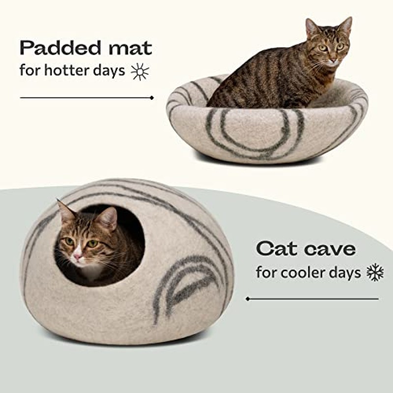 Meowfia 프리미엄 펠트 고양이 침대 동굴(밝은 회색/대형) 및 양털 공 장난감(6팩) 번들