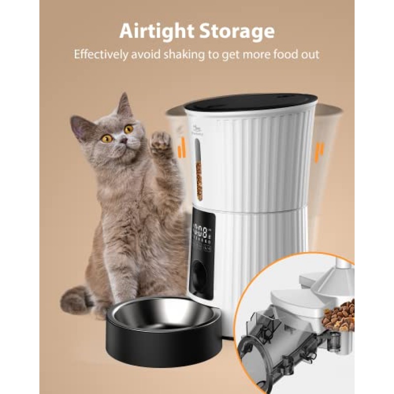 Petory 자동 고양이 먹이통 - 건조 식품용 4L 시간 제한 고양이 먹이통 내장 배터리 최대 6끼 식사(건조제 가방 포함) 지원 듀얼 전원 10S 레코더
