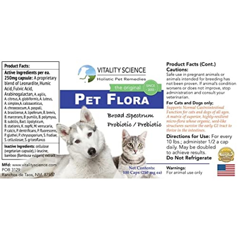 고양이와 개를 위한 Vitality Science Pet Probiotic | Pet Flora - 설사, 구토, 가스, 피부 질환에 좋습니다 - 무첨가(100정)