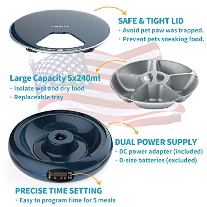 ORSDA 자동 고양이 급식기 습식/건사료, 5끼 식사 시간 지정 애완동물 급식기 쉽게 프로그래밍 가능 & 음성 녹음기 & 청소가 용이함, 이중 전원 공급 장치 고양이/소형견용 자동 급식기, 주말 여행용 블루