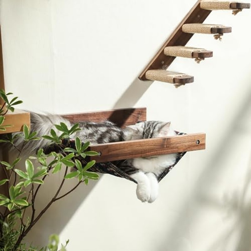 FUKUMARU 고양이 해먹 벽걸이형, 키티 침대 및 횃대, 호두나무 고양이 벽 가구, 수면, 놀이, 등산 및 휴식을 위한 안정적인 고양이 벽 선반, 무늬 줄무늬 고양이 선반