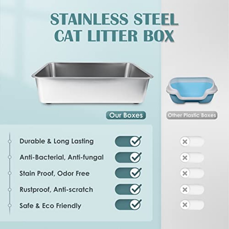 IKITCHEN 스테인레스 스틸 고양이 쓰레기 상자, 고양이 토끼용 대형 금속 쓰레기 상자, 냄새를 절대 흡수하지 않음, 얼룩 없음, 녹슬지 않음, 붙지 않는 매끄러운 표면, 미끄럼 방지 고무 바닥, 23.5