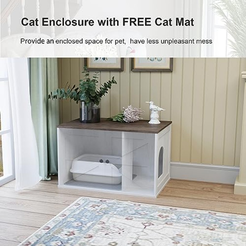 고양이 쓰레기 트래핑 매트가있는 고양이 쓰레기 상자 인클로저, 나무 고양이 인클로저 화장실 가구 실내 고양이 쓰레기 상자 숨겨진, 엔드 테이블 흰색