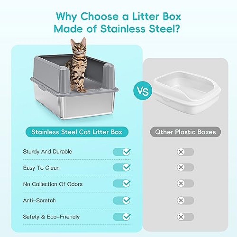 뚜껑이 있는 스테인레스 스틸 고양이 쓰레기 상자, 큰 고양이를 위한 초대형 고양이 쓰레기 상자, 청소가 쉬운 XL 금속 고양이 쓰레기 상자, 달라붙지 않고 누출 방지 및 냄새 감소, 쓰레기 국자 포함(회색)