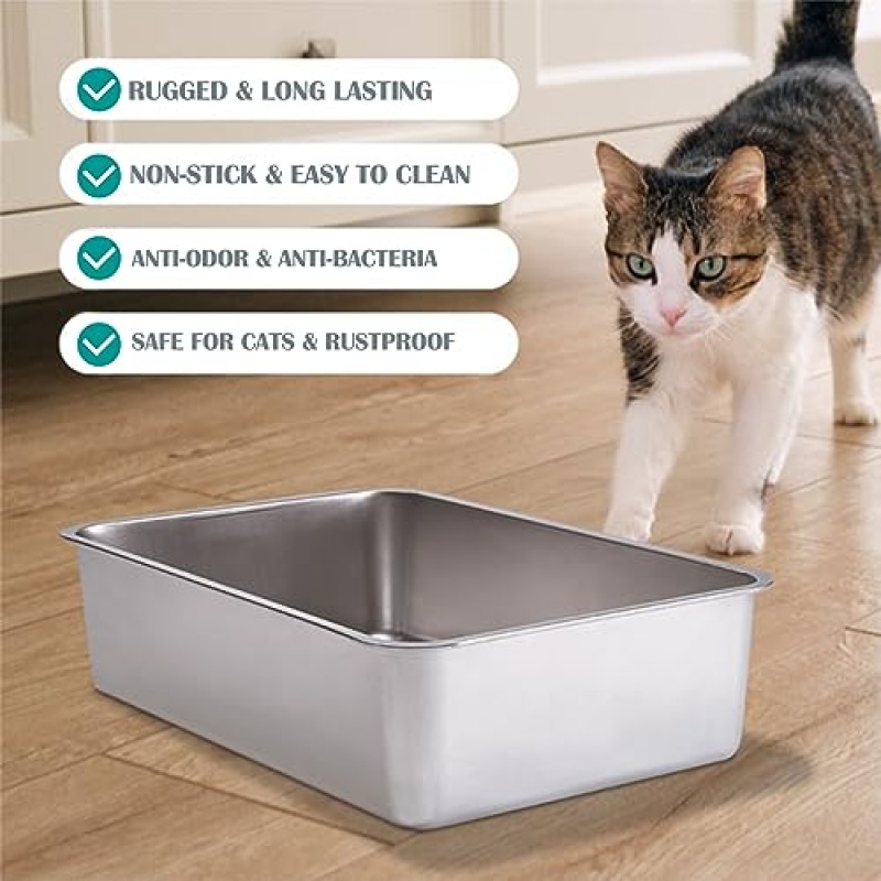 Whimsicalfox 3팩은 대형 고양이용 스테인레스 스틸 고양이 쓰레기 상자 업그레이드, 매우 높은 측면 및 XL 크기 청소가 쉬운 스테인레스 스틸 재질의 내구성이 뛰어난 금속 고양이 쓰레기 상자(23.6