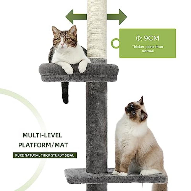 PETEPELA 캣타워 5층 바닥부터 천장까지 고양이 나무 높이(95-107인치) 조절 가능, 긁는 기둥, 아늑한 침대, 실내 고양이/새끼 고양이를 위한 대화형 공 장난감을 갖춘 키 큰 고양이 등반 나무 회색
