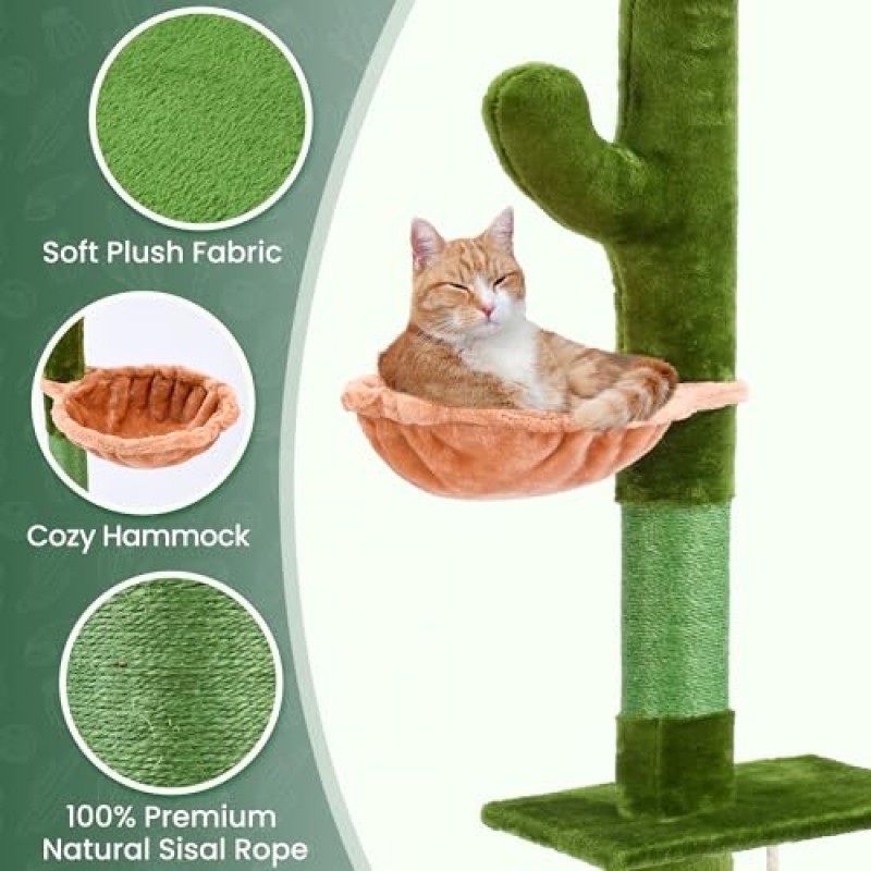 PAWSCRAT 고양이 나무, 바닥에서 천장까지 5층 선인장 고양이 나무, 아늑한 해먹이 있는 캣 타워, 높이 조절 가능 89-109인치, 사이잘 고양이 긁기 포스트 견고한 플랫폼, 녹색