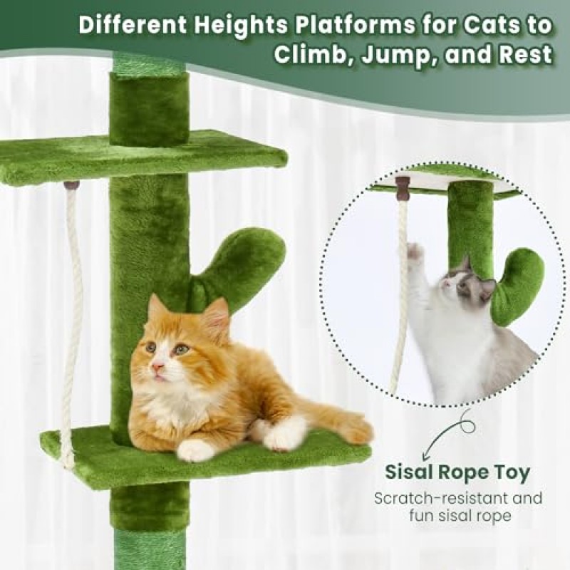 PAWSCRAT 고양이 나무, 바닥에서 천장까지 5층 선인장 고양이 나무, 아늑한 해먹이 있는 캣 타워, 높이 조절 가능 89-109인치, 사이잘 고양이 긁기 포스트 견고한 플랫폼, 녹색
