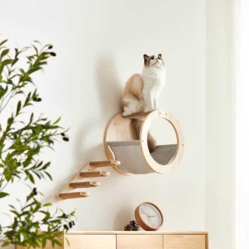 고양이 벽 해먹 및 계단 세트; 긁는 기둥이 있는 벽걸이형 고양이 선반; 실내 고양이를 위한 등반 및 수면용 퍼치를 만듭니다(최대 20lbs)