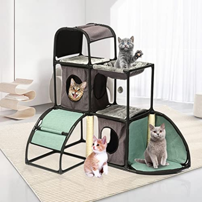 BORUIMA 실내 고양이용 고양이 집 고양이 침대 큐브, 엿보기 구멍, 긁는 기둥 및 매달린 장난감과 결합된 타워 하우스(대형 회색)