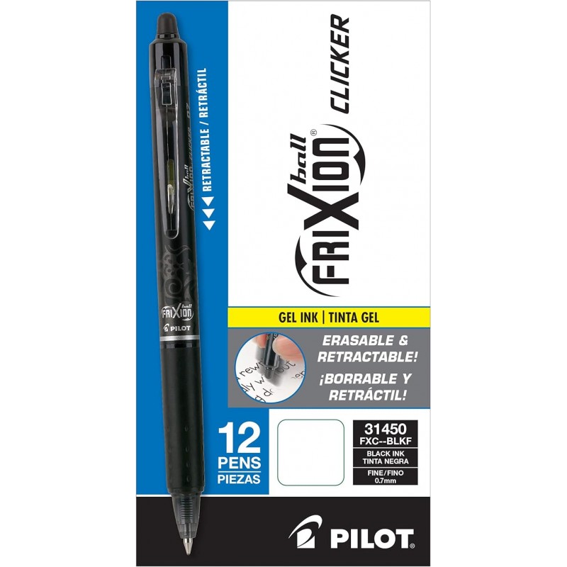 Pilot, FriXion Clicker 지울 수 있는 젤 펜, 파인 포인트 0.7mm, 12개 팩, 검정색