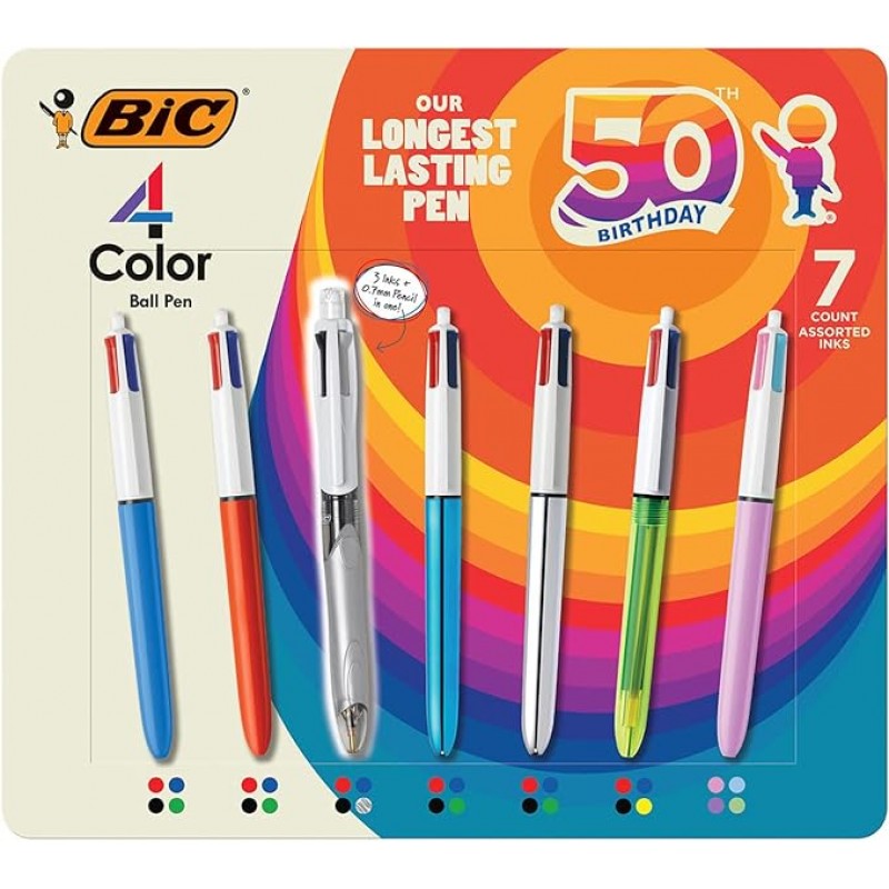 BIC 4색 수납식 볼펜, Med Pt. 1.0mm, 다양한 7팩