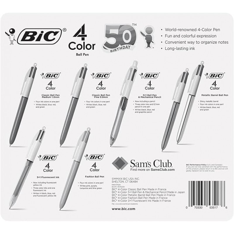 BIC 4색 수납식 볼펜, Med Pt. 1.0mm, 다양한 7팩