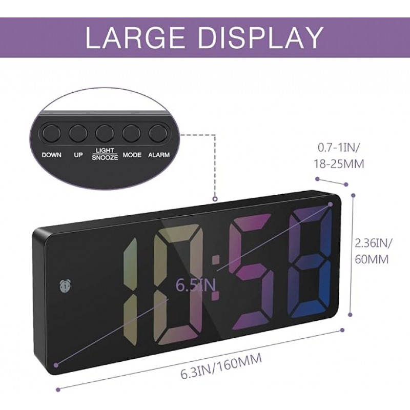 ORIA 디지털 알람 시계, 6.5인치 LED 알람 시계, 스누즈 기능이 있는 침실 알람 시계