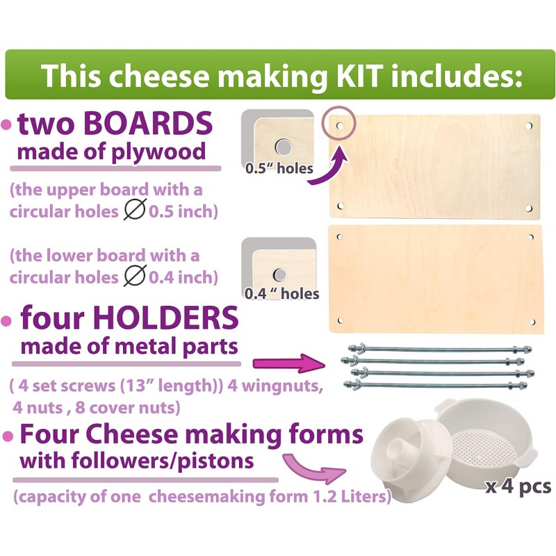 16인치 치즈 제조용 치즈 프레스 - 치즈 프레스 및 1.2L 치즈 몰드 4개가 포함된 치즈 제조 키트