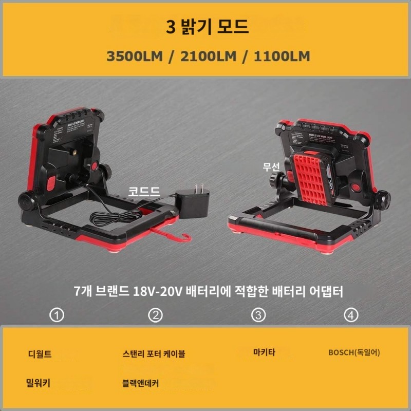 다야텍-  충전식 무선 LED 작업등, 3500 LM, 25W DEWALT- STANLEY 전동 공구 18-21V 리튬 이온 배터리(조명 전용)와 호환 가능