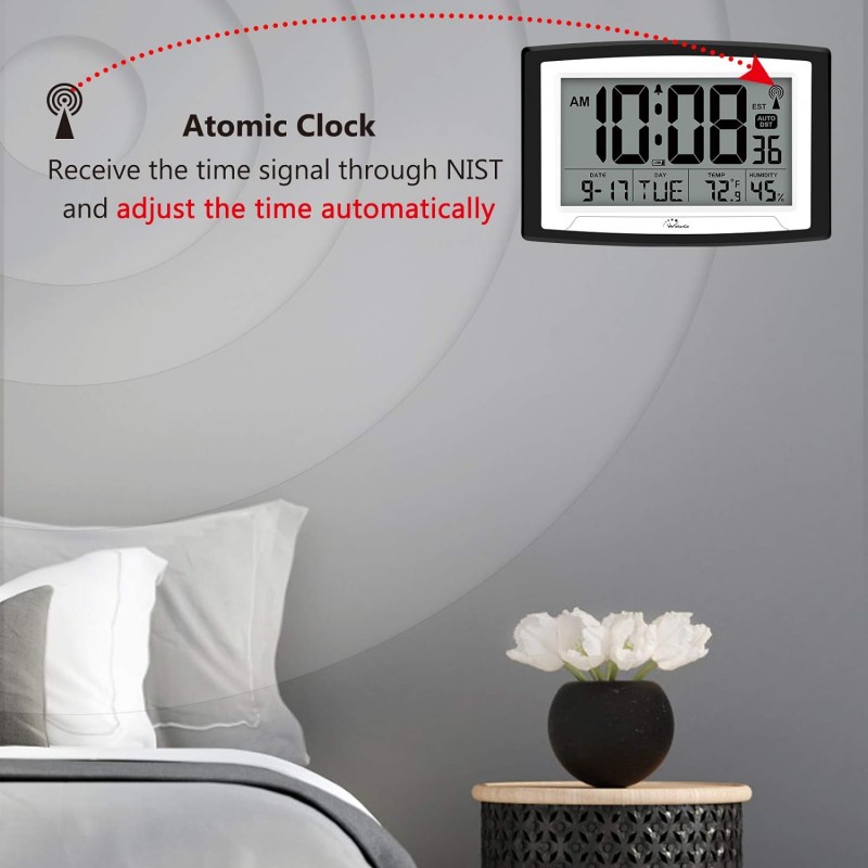 실내 온도 및 습도 기능을 갖춘 WallarGe 원자 시계, 12.5인치 자동 설정 디지털 벽시계 또는 탁상시계
