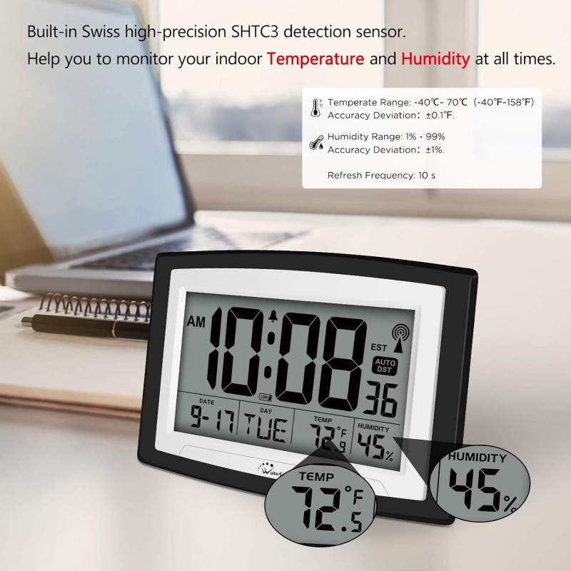 실내 온도 및 습도 기능을 갖춘 WallarGe 원자 시계, 12.5인치 자동 설정 디지털 벽시계 또는 탁상시계