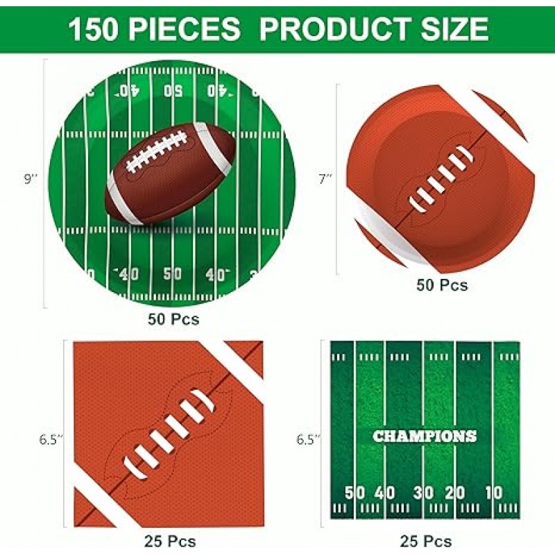 Tbsone 미식축구 파티 용품 종이 접시 100개와 냅킨 50개 포함