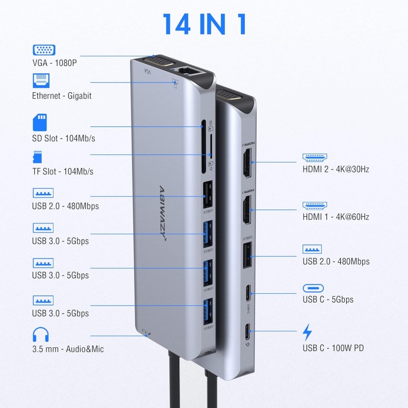 Dell/HP/Lenovo/Surface 노트북용 USB C 14 in 1 트리플 디스플레이 허브 다중 어댑터