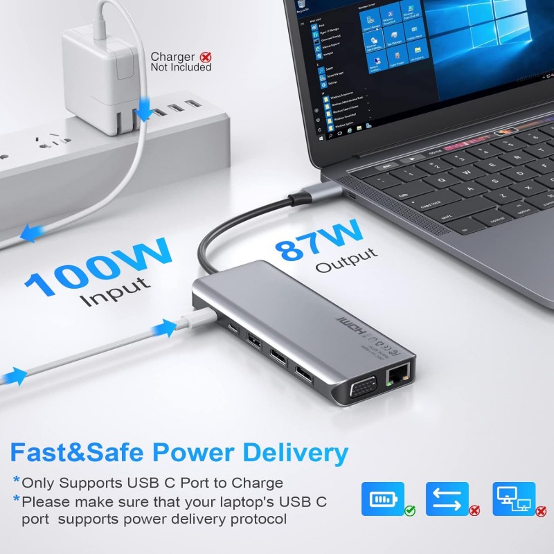 Dell/HP/Lenovo/Surface 노트북용 USB C 14 in 1 트리플 디스플레이 허브 다중 어댑터