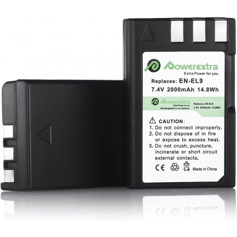 Powerextra EN-EL9 2팩 2000mAh 리튬 이온 니콘 교체용 배터리 및 충전기
