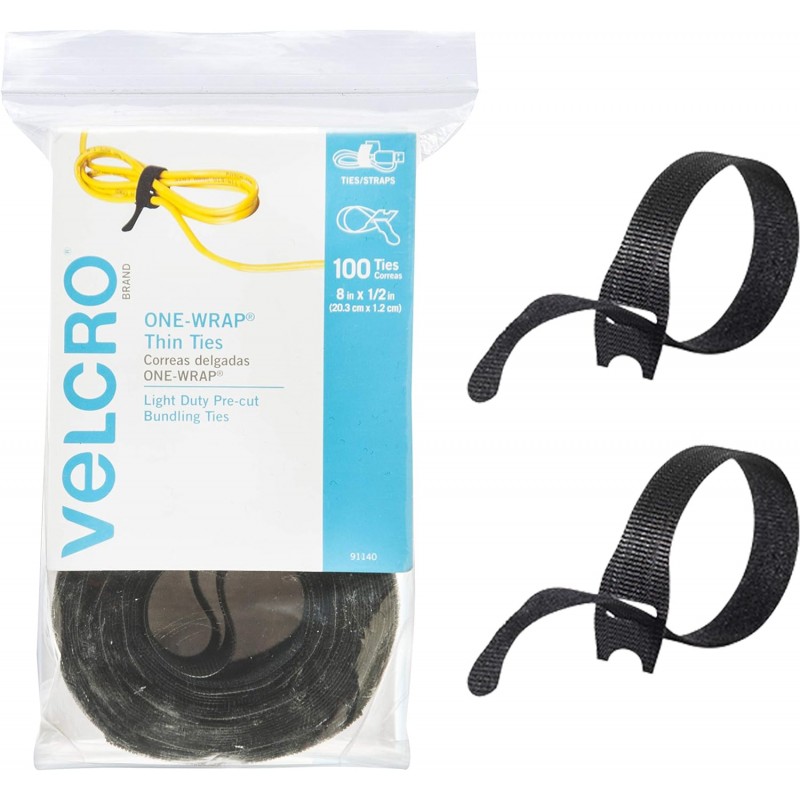 VELCRO 브랜드 ONE-WRAP 케이블 타이, 100팩, 8 x 1/2인치 검정색 코드 정리 스트랩