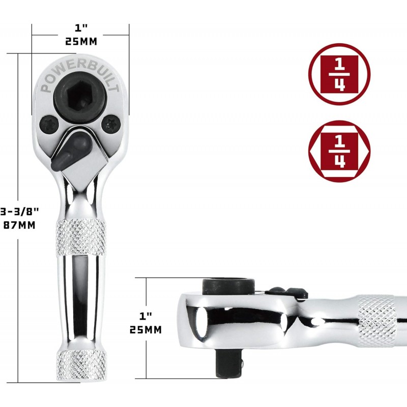 강력한 내장형 스터비 래칫, 미니 1/4인치 래칫 렌치, 양면 72 톱니, 좁은 공간, 퀵 릴리스- 940478
