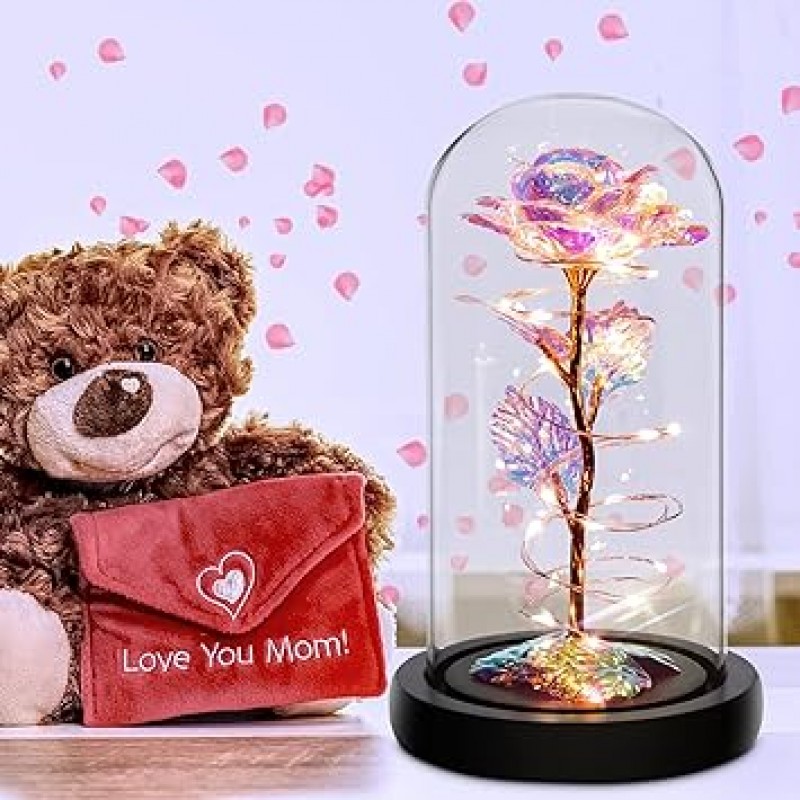 그녀를 위한 Childom 발렌타인 데이 선물-유리 돔에 있는 화려한 무지개 빛 장미
