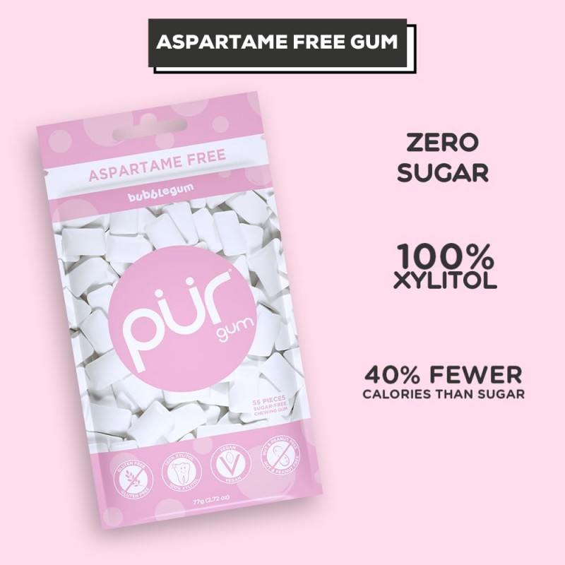 PUR 껌 - 아스파탐 무료 츄잉껌 - 100% 자일리톨 - 무설탕, 비건, 글루텐 프리 55개입(3팩)