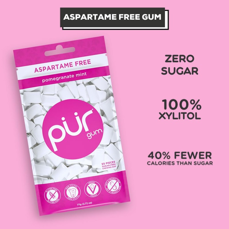 PUR 껌 | 아스파탐 무료 츄잉껌 | 100% 자일리톨 | 무설탕, 비건 55개(3팩)