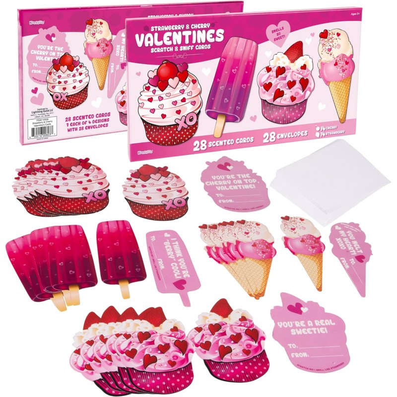 딸기와 체리 봉투가 포함된 향기 나는 어린이 발렌타인 데이 카드  28팩