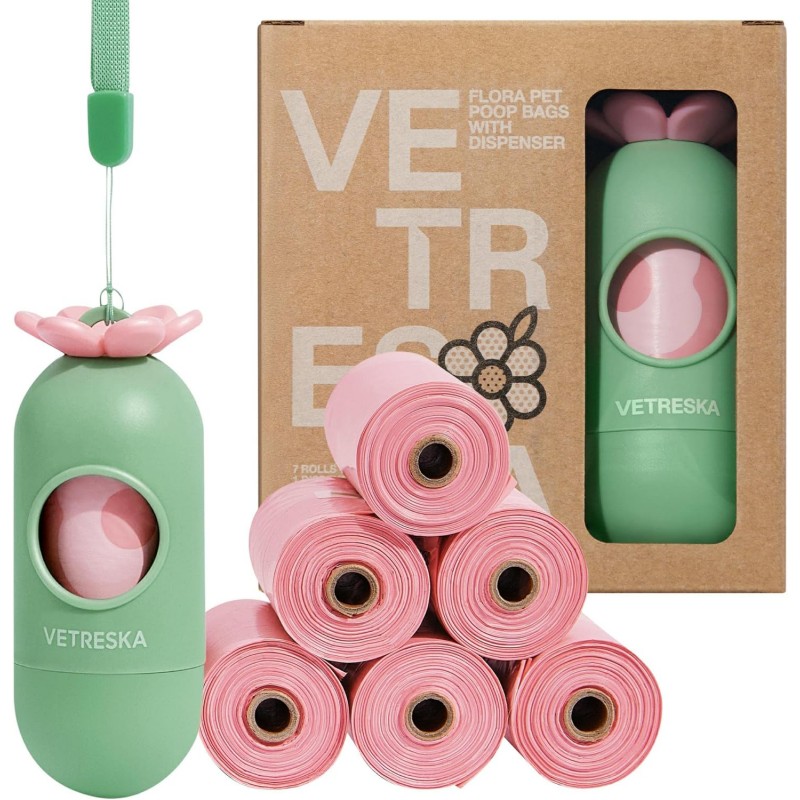 VETRESKA 라벤더 향 주머니가 포함된 생분해성 개 배변 주머니 디스펜서, 105개