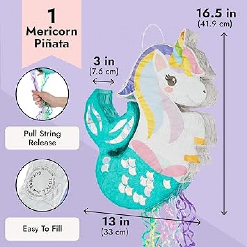 유니콘 인어 피나타 - 바다 밑 소녀들을 위한 당김 끈 피나타 파티 장식, 무지개 생일