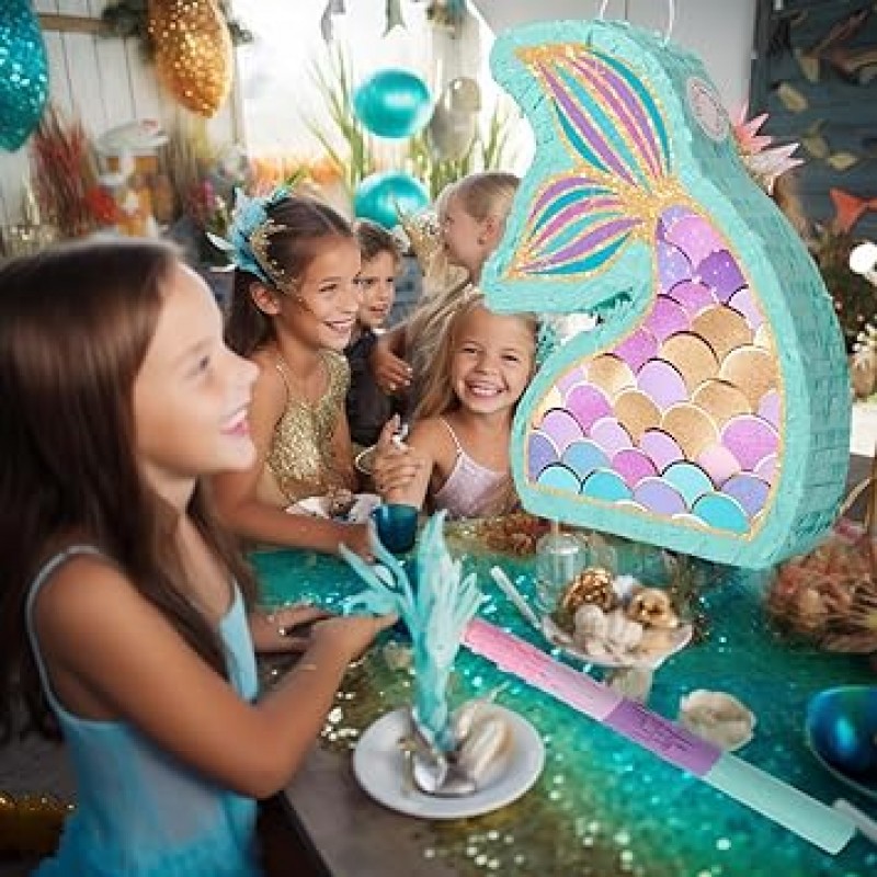  인어 꼬리 피나타 - 눈가리개와 배트가 있는 인어 피나타(여아용) 어린이 바다 테마 생일 파티 게임 장식