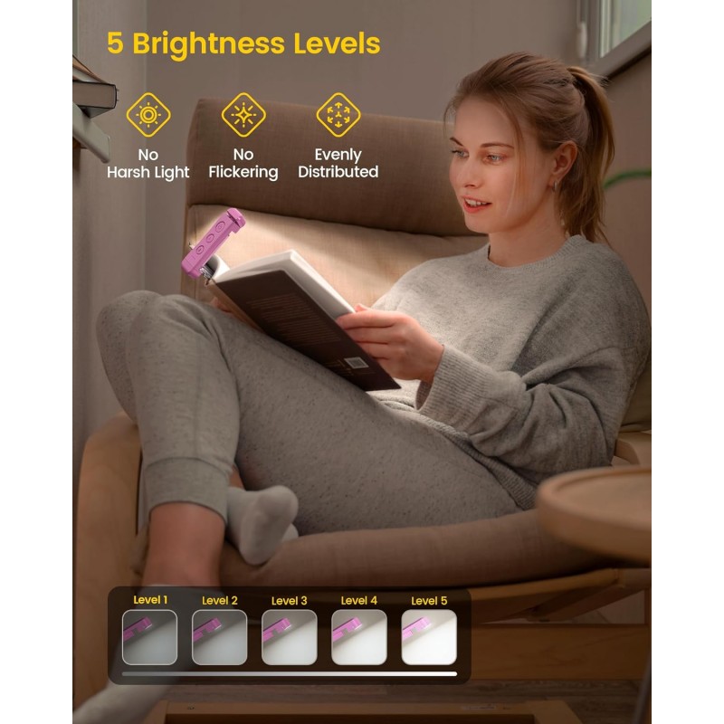 침대에서 독서하기 위한 Glocusent USB 충전식 책 조명, 휴대용 클립온 LED 독서 조명