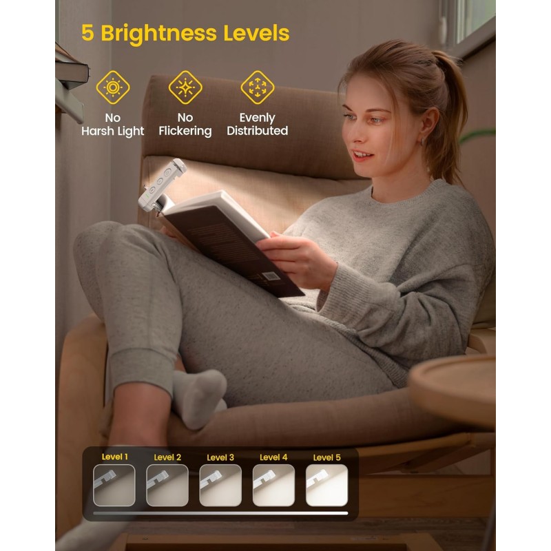 침대에서 독서를 위한 Glocusent 책 조명, 휴대용 클립온 LED 독서 조명