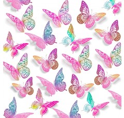 SAOROPEB 3D 나비 벽 장식 (레이저 핑크 퍼플) 48피스