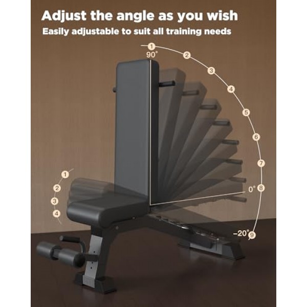 90° 조정 가능한 무게 벤치, 홈 체육관용 1000LB 대용량 운동 벤치 프레스, 드래곤 플래그 핸들이 있는 접이식 경사 벤치 2024 새 버전