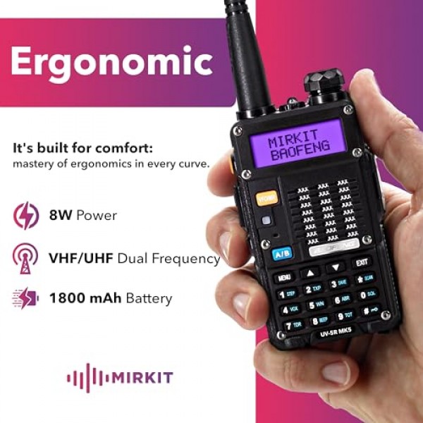 Mirkit Edition BAOFENG UV-5R MK5(UV-5R 3세대) 8W 최대 전력 2024 VHF/UHF 144-148/420-450 MHz 워키토키 풀 키트 Ham 라디오(Baofeng 배터리 1800mAh 및 끈 및 Mirkit 채널 목록 포함)