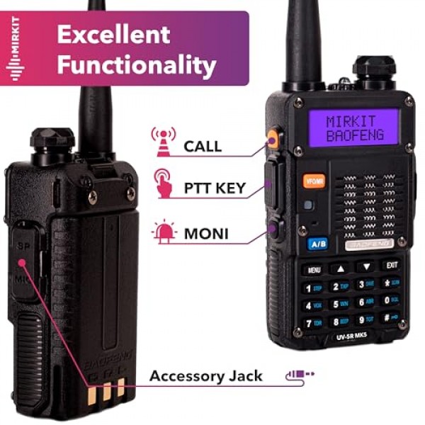 Mirkit Edition BAOFENG UV-5R MK5(UV-5R 3세대) 8W 최대 전력 2024 VHF/UHF 144-148/420-450 MHz 워키토키 풀 키트 Ham 라디오(Baofeng 배터리 1800mAh 및 끈 및 Mirkit 채널 목록 포함)