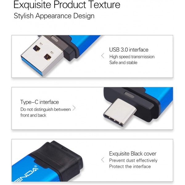 WANSENDA Type C USB C 플래시 드라이브 OTG USB 3.1 썸 드라이브(128GB, 블랙)