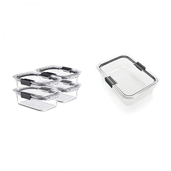 Rubbermaid Brilliance 유리 보관함 뚜껑이 있는 3.2컵 식품 용기, BPA 무함유 및 누출 방지, 중간, 투명, 4팩 및 Brilliance 식품 보관 용기, 대형, 9.6컵, 투명 2024351