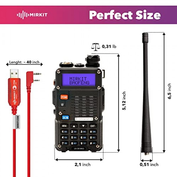 Mirkit 4X Baofeng UV-5R MK5 8W 2024 VHF/UHF 144-148/420-450MHz 1800mAh 리튬 이온 배터리 및 FTDI Baofeng 프로그래밍 케이블 호환 가능: UV-5R, 5RA, UV-82HP, BF-888S, 5RC 햄 라디오, 워키토키