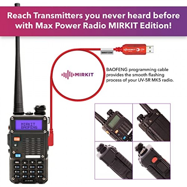 Mirkit 4X Baofeng UV-5R MK5 8W 2024 VHF/UHF 144-148/420-450MHz 1800mAh 리튬 이온 배터리 및 FTDI Baofeng 프로그래밍 케이블 호환 가능: UV-5R, 5RA, UV-82HP, BF-888S, 5RC 햄 라디오, 워키토키