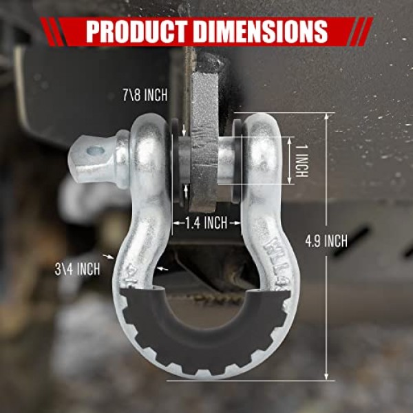 FieryRed 3/4인치 D링 걸쇠 22,046Ibs 파손 강도(7/8인치 잠금 핀 포함), 견인 스트랩과 함께 사용하는 검정색 절연체 와셔 키트, 2개 팩